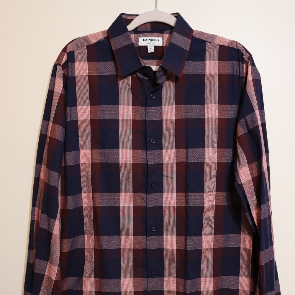 Express Extra Slim Plaid Button Down Shirt Blue Burgundy Pink XL